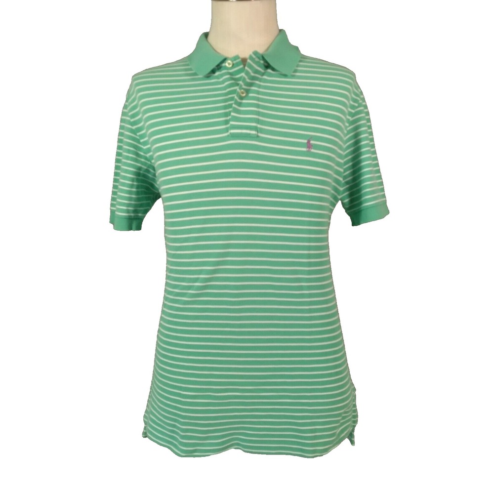 Polo Ralph Lauren Polo Men L Green White Striped Classic Short Sleeve Cotton